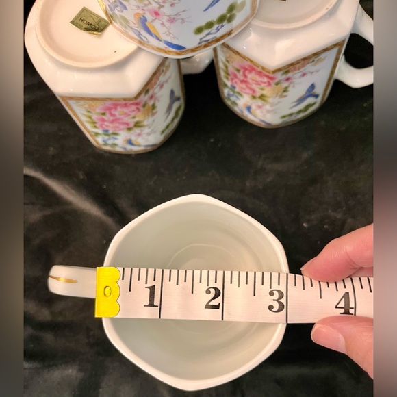 Homco Japan 4 Mugs Cups Hexagon Gilded Peonies Bluebirds Bridgerton China Gift - Picture 17 of 17